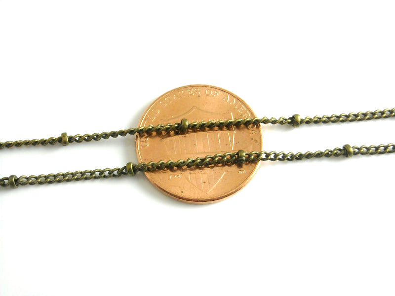 Finished Curb Link Satellite Seed Beads Chain Necklace with attached Findings, Antiqued Brass, 2mmx1.5mm - 10 feet