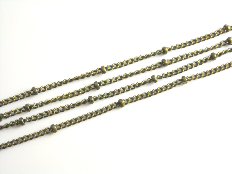 Soldered Curb Link Satellite Seed Beads Chain, Antiqued Brass, 2mmx1.5mm - 10 feet