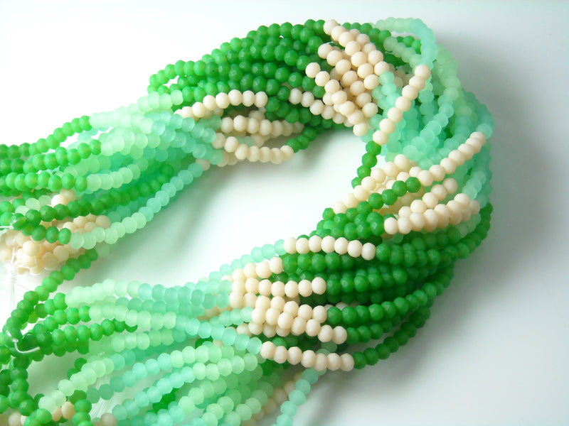 Faceted Frosted Glass Rondelle, Green Beads Assortment, 3mmx2.5mm - 1 Full Strand (180 beads)