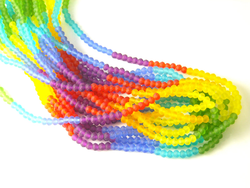 Faceted Frosted Glass Rondelle Beads - Rainbow Colors - 1 Full Strand/180 beads