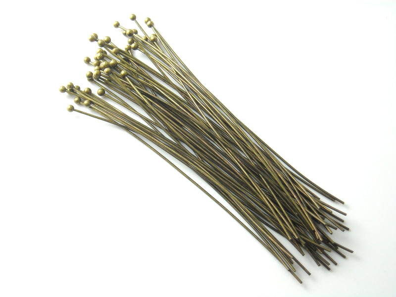 Antique Bronze Ball End Headpins, Plated Brass, 63mm, 2.5 inches Pins, 22 gauge - 50 pins