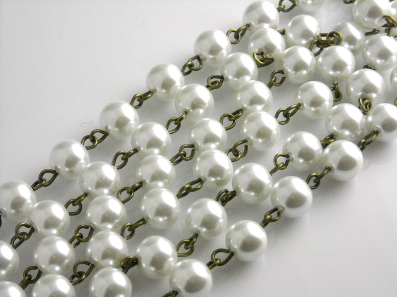 Jasmine White Faux Pearl Satellite Chain / Antique Bronze Plated Wire, 8mm diameter beads, 3.5mm links - 3.25 feet