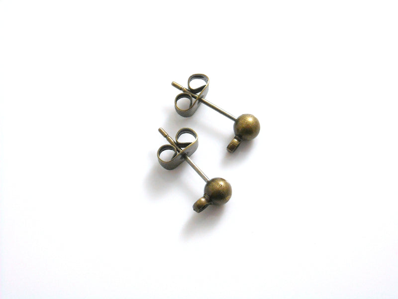 Brass earring stud posts, 3mm ball with loop, gold. Nickel free, lead