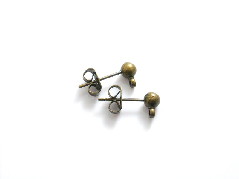 Brass Ball Ear Post Studs, Ear Nuts, Bronze Plated, 15mmx4mm - 10 pcs