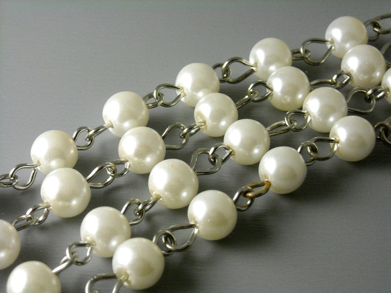 6mm Ivory Glass Pearl Chain - Antique Silver Plated Wire - 3.25 feet - Pim's Jewelry Supplies