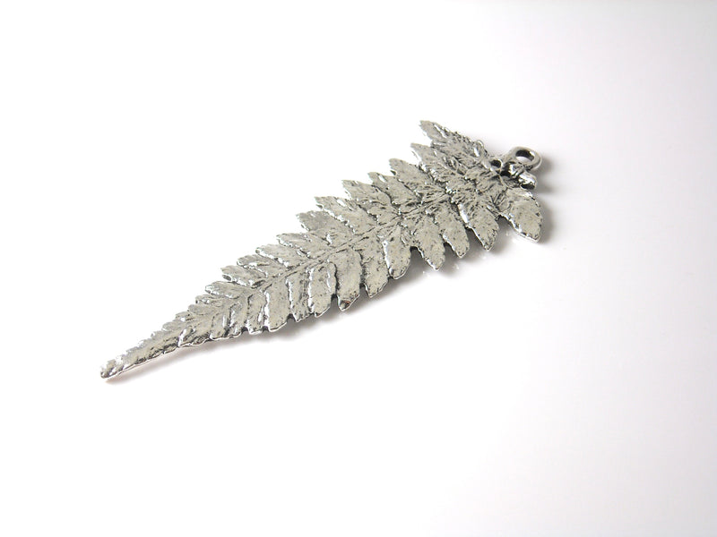 Realistic Fern Leaf Frond Cast Pendants, Antique Silver Plated, 53mmx22mm - 2 pieces