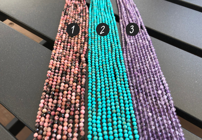 Faceted Gemstones, 3mm diameter, Choose From Three Varieties, Rhodonite, Amethyst and Turquoise - Full 15-inch Strand (120 beads)