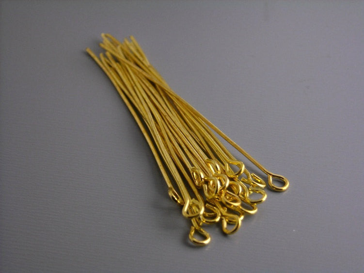 50 Gold Plated Eyepins, 21 gauge, 50mm (2 inches) - Pim's Jewelry Supplies