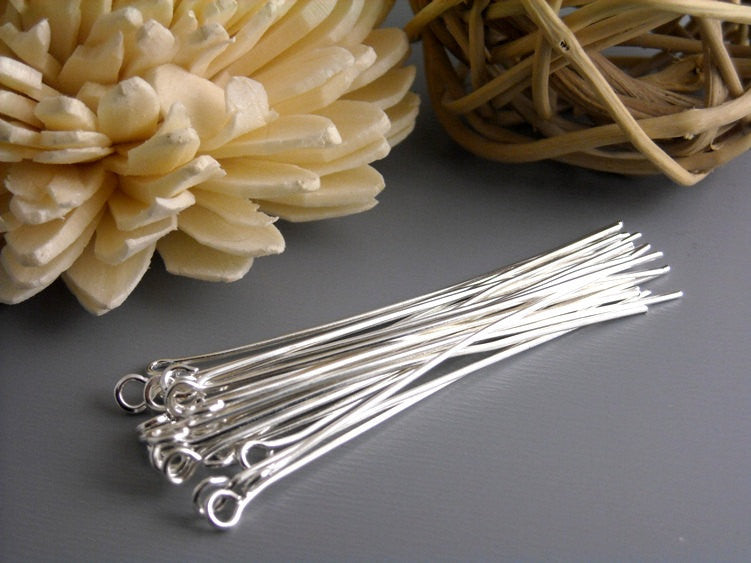 50 pcs of Silver Plated Eyepins, 21 gauge, 50mm (2 inches) - Pim's Jewelry Supplies