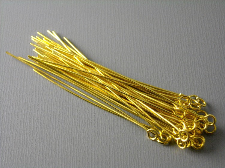 50 pcs Gold Plated Brass Eyepins, 24 guage 45mm (1.75 inches) - Pim's Jewelry Supplies