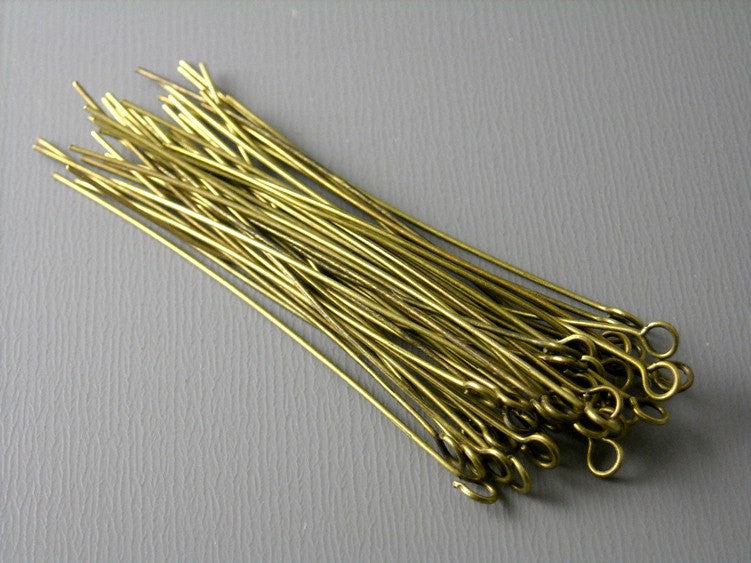 50 pcs Antique Brass Eyepins, 24 guage 45mm (1.75 inches) - Pim's Jewelry Supplies